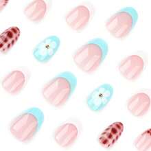 Almond Shaped Press On Nails Short Oval False Nails With Designs Blue White French Tips Glue On Nails Leopard Print Flowers Acrylic Nails Glossy Full Cover Stick On Nails For Women Manicure 24 Pcs2025