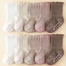5 Pairs Anti-Slip Baby Girl Socks With Lace Trim, Soft Waistband, Multiple Colors, For Infants & Toddlers 0-5 Years