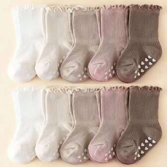 5 Pairs Anti-Slip Baby Girl Socks With Lace Trim, Soft Waistband, Multiple Colors, For Infants & Toddlers 0-5 Years