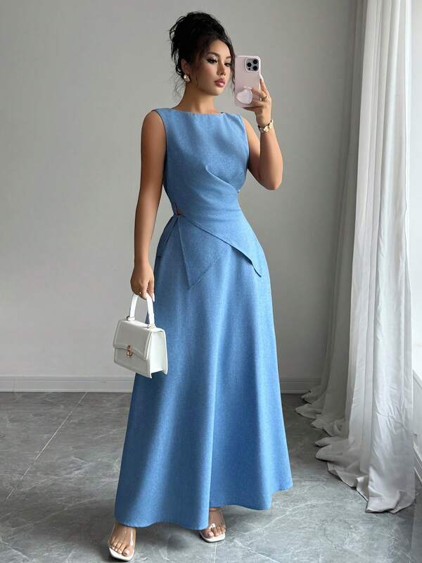Set van 2 elegante, casual denim stoffen voor dames, effen kleur, asymmetrisch/onregelmatige ruches, rits, formeel feest