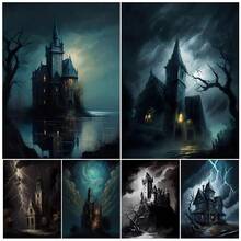 1pc/3PCS All Art Posters Optional Frames Halloween Abandoned Churches And Haunted Houses Vintage Wall Art Canvas Painting Gothic Architecture Horror Art Poster Printing Home Decoration Halloween Decor Fall Decor Room Decor