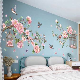 1pc Cherry Blossom Tree Branch Bird Wall Stickers, Flower Birds Floral Birdcage Wall Decals,For Bedroom Living Room Home Decor