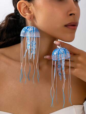 1 Pair Adorable Jellyfish Design Dangle Earrings For Women, Vintage Long Tassel Earrings, Unique Oceanic Jewelry Accessories, Perfect Gift For Women And Girls