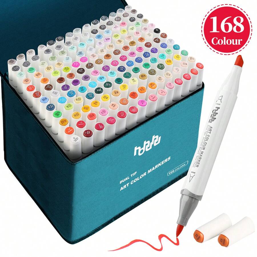 6/24/48/60/88/100/168色酒精马克笔，细头和粗头双头永久性艺术家马克笔，素描马克笔，适用于成人涂色书、插图高光和下划线 - 168色 - 查看 1