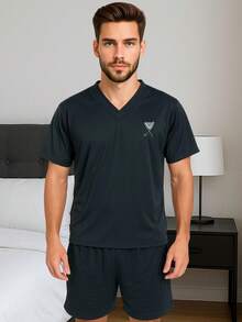 Men's Summer Pajamas V-Neck Short Sleeve Shirt Adult Shorts - Màu xanh lá cây đậm - Xem 1