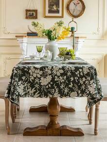 1 件美式乡村复古风格桌布，绿色花卉提花设计，长方形餐桌、茶几、电视柜罩，适合节日、派对、婚礼、家居和宿舍装饰 - 墨綠色 - 查看 3