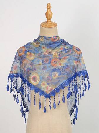 1pc Fashionable Colorful Rose Floral Print Lace Tassel Decor Scarf, Suitable For Daily Wear
