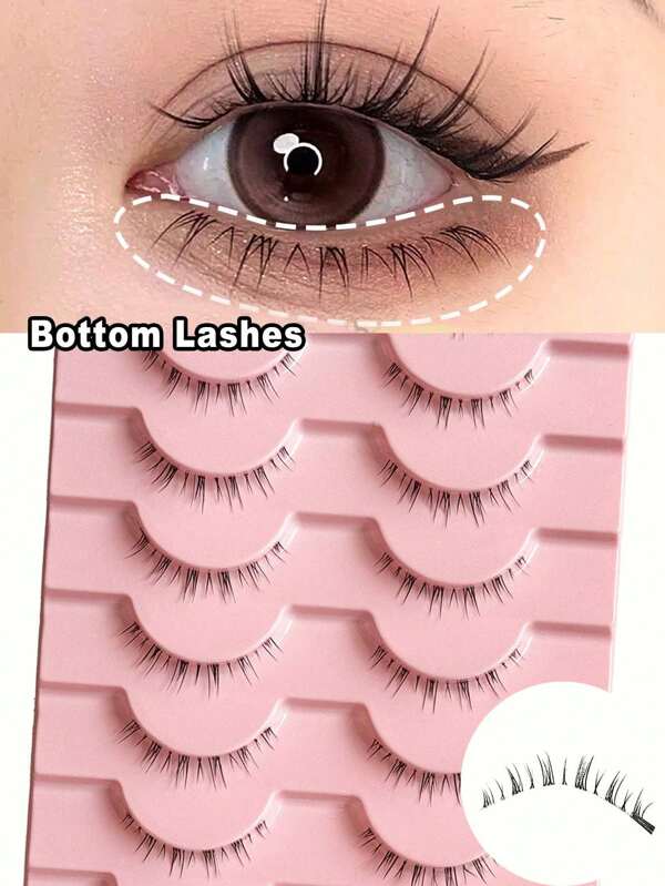 Set Of 10 Natural Lower Eyelid Eyelashes, Slim Natural Look Anime Lower Lashes - Zona Pellucida Band, Reusable For Beginners