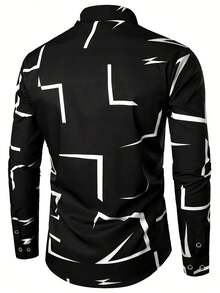男士黑色长袖纽扣领正装衬衫，适合商务场合、办公室穿着，几何图案设计，适合春季、夏季、秋季，适合办公室、商务、休闲和正式着装，秋季 - 黑色 - 查看 5