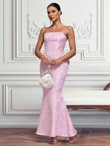 Jacquard Strapless Long Mermaid Dress With Oversized Bow, For Party & Evening Gown - Pink - View 5