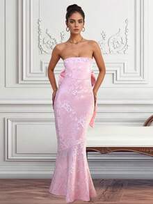 Jacquard Strapless Long Mermaid Dress With Oversized Bow, For Party & Evening Gown - Pink - View 2