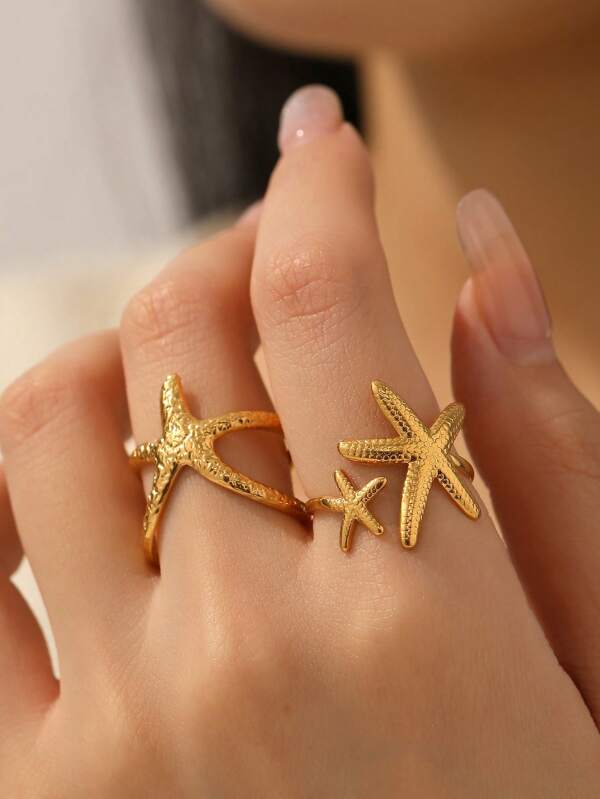 2pcs Set 18K Gold Plated Stainless Steel Starfish Design Open Rings, Beach Casual Daily Wear