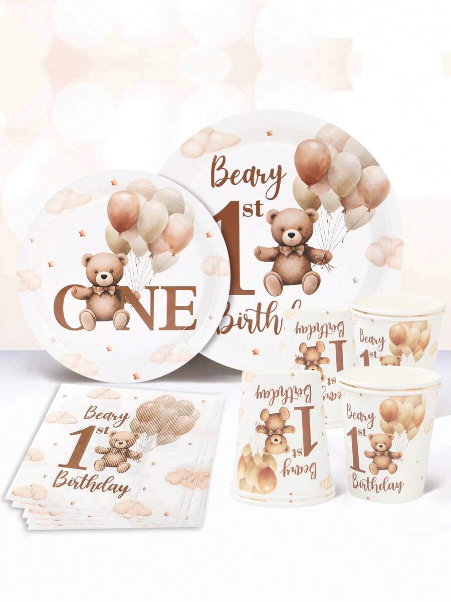Set di stoviglie monouso per feste di 1° compleanno a tema orsetto marrone, 8 piatti di carta da 7/9 pollici, 8 bicchieri di carta, 16 tovaglioli di carta, forniture per la decorazione del tavolo per la festa di compleanno o festa di nascità a tema orsetto, decorazioni per la festa, accessori per la festa di compleanno o festa di nascità a tema orsetto, set di piatti di carta usa e getta per l'evento di compleanno, omaggi