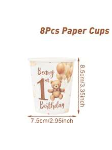 Set di stoviglie monouso per feste di 1° compleanno a tema orsetto marrone, 8 piatti di carta da 7/9 pollici, 8 bicchieri di carta, 16 tovaglioli di carta, forniture per la decorazione del tavolo per la festa di compleanno o festa di nascità a tema orsetto, decorazioni per la festa, accessori per la festa di compleanno o festa di nascità a tema orsetto, set di piatti di carta usa e getta per l'evento di compleanno, omaggi