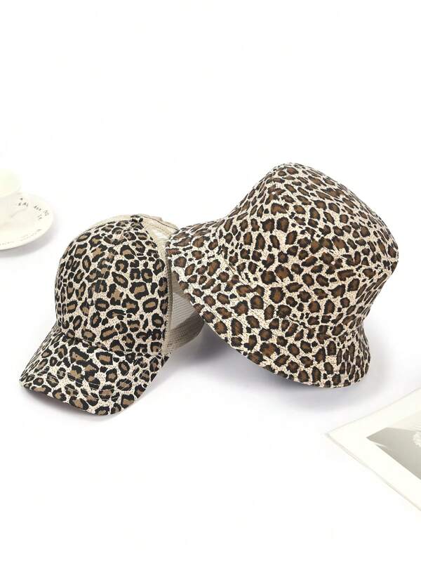 2pcs Women Sexy Leopard Print Baseball Cap & Bucket Hat Set, Suitable For Street & Outdoor Casual Wear