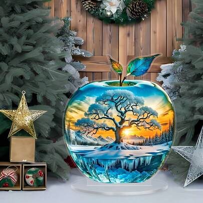 1pc 2025 New 2D Acrylic Apple Landscape Double-Sided Decor, Home Living Room Tabletop Ornament, Beautiful Snowy Scene, Underwater World, 3D Stereoscopic Pattern, Exquisite Souvenir, Comes With Display Stand, Perfect Gift, Holiday Present