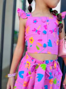 Flor de Lis - Conjunto Cropped e Short Estampado Florido Infantil - Verão Colorido Moda