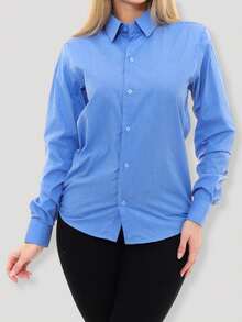 Women's Formal Shirt Premium Linen Structured Long Sleeve Shirt - 藍色 - 查看 4