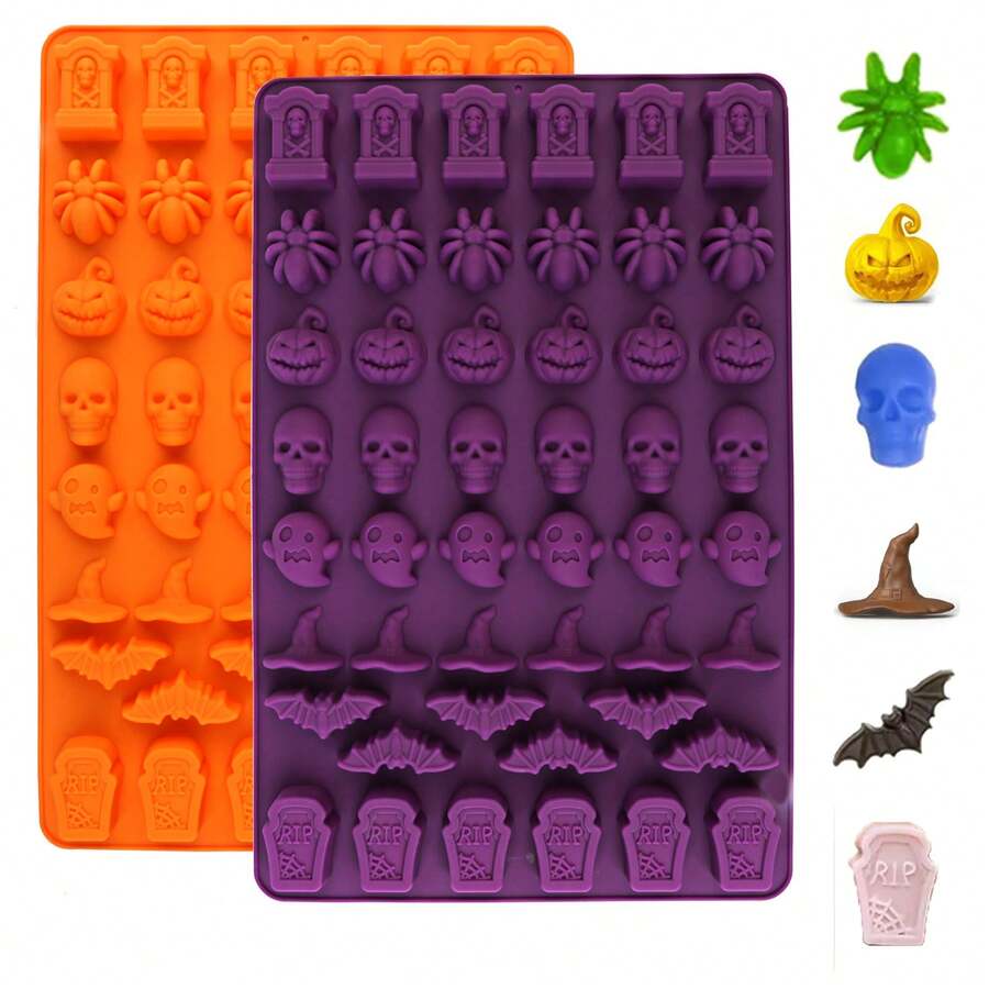 New Halloween Silicone Chocolate Mold, 48 Cavities Candy & Gummy Molds, Non-Stick Chocolate Baking Tray, Jelly, Pumpkin Gummies, Witch Hats, Bats, Skulls, Spiders, Tombstones Shapes - Dishwasher, Oven, Freezer Safe - Multicolor - View 1