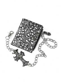 哥特式暗黑风格钱包朋克摩托车钱包带 3D 骷髅印花大容量存储卡夹多隔层零钱包户外街头时尚零钱包男士钱包迷你钱包钱包万圣节男士钱包皮革小钱包 - 銀色 - 查看 2