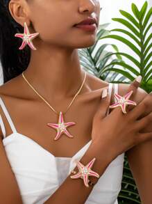 5 件套时尚海滩风格珍珠釉海星吊坠项链、开口手镯、戒指、海星耳环、休闲夏威夷百搭女士礼品套装 - 金黃色 - 查看 13
