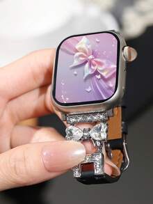 1条兼容苹果手表表带，女士夏季时尚休闲黑色真皮表带，爱心蝴蝶结钻石金属缝线丝滑柔软黑色皮革，兼容苹果手表38/40/41/42/44/45/46/49毫米，兼容苹果手表Ultra 3/SE/10/9/8/7/6/5/4/3/2/1，智能手表配件，适合情人节、母亲节、生日礼物、日常装饰，蝴蝶结闪光，表带，苹果手表表带 - 黑銀 - 查看 9