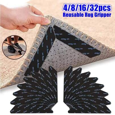 Adesivos antiderrapantes para carpete, 2/4/8/12 peças, adequados, fita para carpete, prendedores de carpete reutilizáveis, laváveis em PU, evitam o movimento e o enrolamento do carpete, para tapetes de sala de estar, sala de jantar, banheiro, evita que os tapetes se movam e enrolem as bordas, material de volta às aulas, itens essenciais para casa.