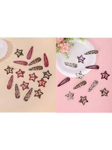 16pcs Leopard Pattern Teardrop & Star Hair Clips, Sweet & Cute Y2K Bangs Barrettes For Daily Wear And Commute Claw Clips