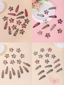 16pcs Leopard Pattern Teardrop & Star Hair Clips, Sweet & Cute Y2K Bangs Barrettes For Daily Wear And Commute Claw Clips