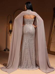 New Luxury High-End Elegant Women's Mermaid Tail Lace Patchwork Chiffon Flare Sleeve Floor Length Dress, Suitable For Formal Evening Party, Gala, Wedding Guest, Red Carpet Events, Bridal Gown, For Valentine's Day - 杏色 - 查看 7