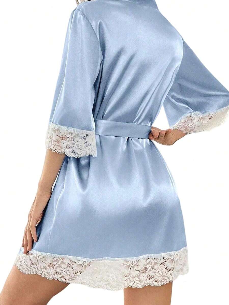 A Women's Solid Color Short-Sleeved Bathrobe, Suitable For Spring And Summer, Home Wear, Hotel Wear, Party Wear, Swimming Wear,Home Use,Weeding Season Short Dress Gown Initial Letter Robe, Morning Robe And Sleeping Robe,Bridal Party Prep Wear,Wedding - Light Blue - View 1