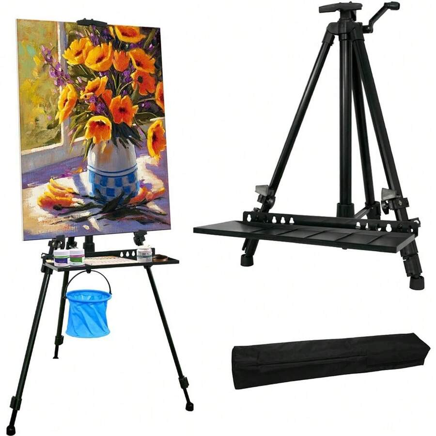Aluminium Staffelei 50-155cm Verstellbares Stativ mit rutschfesten Gummifüßen für Malerei Displaying Werbung mit Kunststoff-Tablett/Portable Bag/Foldable Keg - Schwarz - Übersicht 1