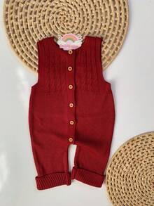 Ema Button Knit Set Girl Bodysuit Overalls Baby Romper - 紫紅色 - 查看 3