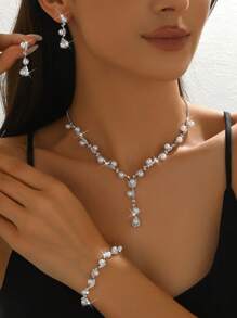 4 pièces Set Bijoux Femme Perle, Collier Élégant, Boucles d'oreilles, Bracelet, Accessoires de Mariage et de Mariée