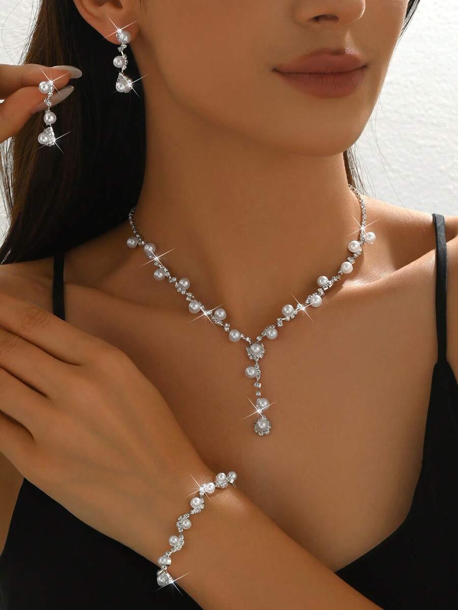 4 pièces Set Bijoux Femme Perle, Collier Élégant, Boucles d'oreilles, Bracelet, Accessoires de Mariage et de Mariée