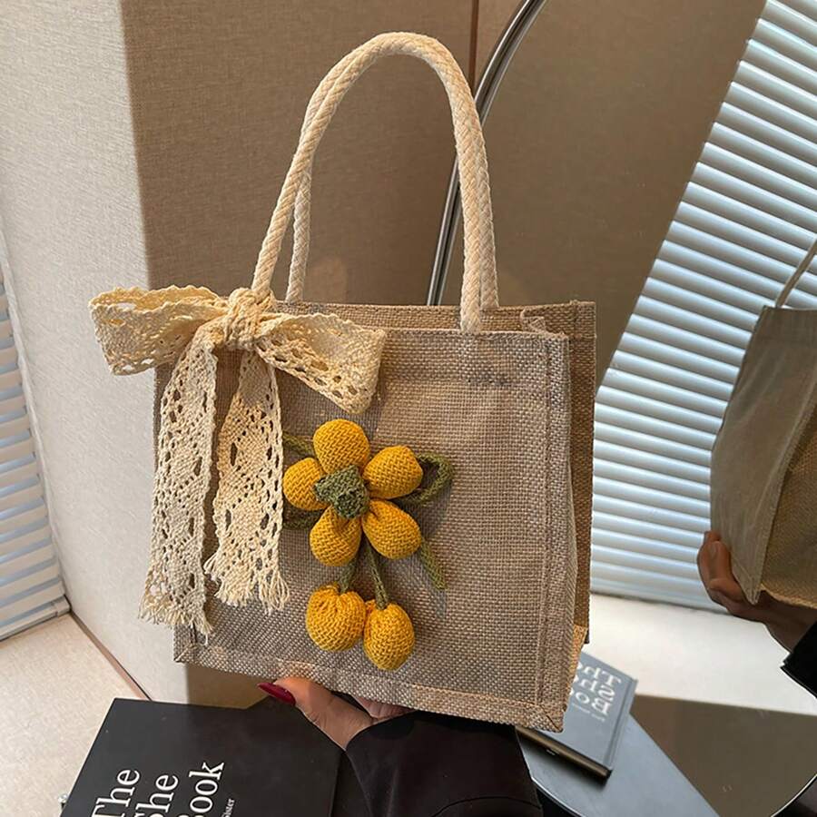 1pc Linen Tote Bag With Lace And Floral Decorations, Suitable For Shopping, Wedding, Party Gifts, Daily Use