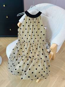 French Style Sleeveless Tie-Up Polka Dot Dress, Loose Fitting For Petites, Summer