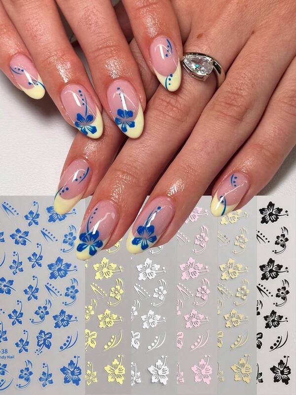 3D Hibiscus Flower Nail Stickers Holographic Self-Adhesive Hibiscus Flowers Nail Art Decals White Pink Blue Hawaiian Floral Tropical Petal Cherry Blossom Y2K Summer Decoration DIY Manicure For Women Salon Supplies