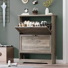 Shoe Storage Cabinet With 2 Flip Drawers, Farmhouse Narrow Shoe Cabinet With Open Storage, Freestanding Hidden Slim Shoe Organizer Cabinet For Entryway, Foyer, Hallway - Xám - Xem 1
