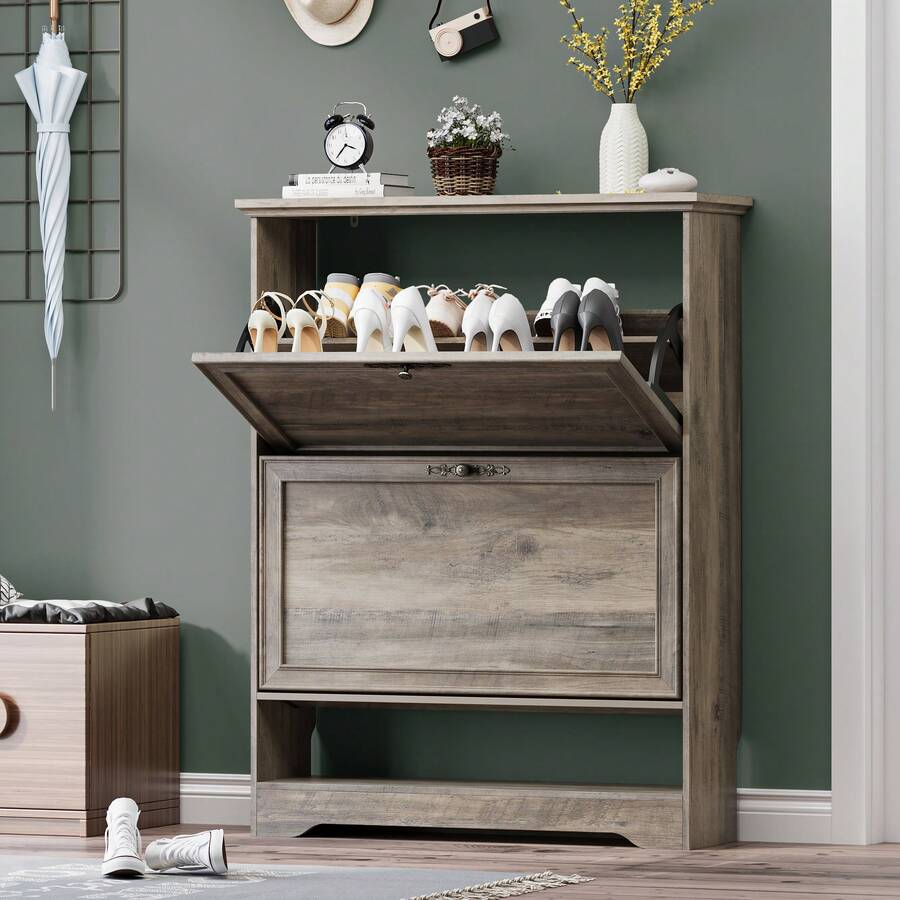 Shoe Storage Cabinet With 2 Flip Drawers, Farmhouse Narrow Shoe Cabinet With Open Storage, Freestanding Hidden Slim Shoe Organizer Cabinet For Entryway, Foyer, Hallway - Xám - Xem 1