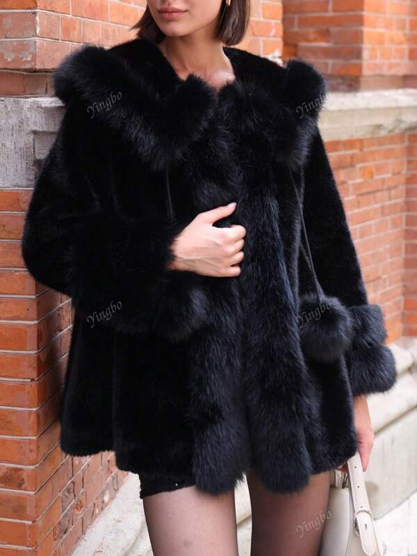 Faux Fur Trimmed Cloak Coat