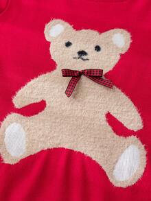 Girls Cute Bear & Bow Knitted Pullover Sweater, Suitable For Daily, Vacation, Spring, Autumn, Winter - Red - View 5