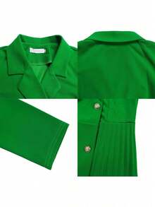 HERTALK Women's Lapel Blazer, Elegant Midi Dress With Pleated Sleeves And Belt - 綠色 - 查看 5