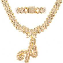 2 pièces Pendentif lettre papillon scintillant pour femmes, chaîne en alliage de zinc plaquée de rhinestones AAA chatoyants. Bijou parfait pour les fêtes, anniversaires, Noël, la Saint-Valentin et le port quotidien - Idée de cadeau pour maman, Fête des mères