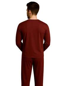 Men's Long Pajamas Adult Long Sleeve Long Trousers - 酒紅色 - 查看 2