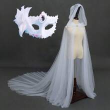 2件套2025新款双层网眼复古纯色抽绳披肩+半脸面具组合套装，吸血鬼新娘斗篷黑白女士抽绳披肩面具套装万圣节