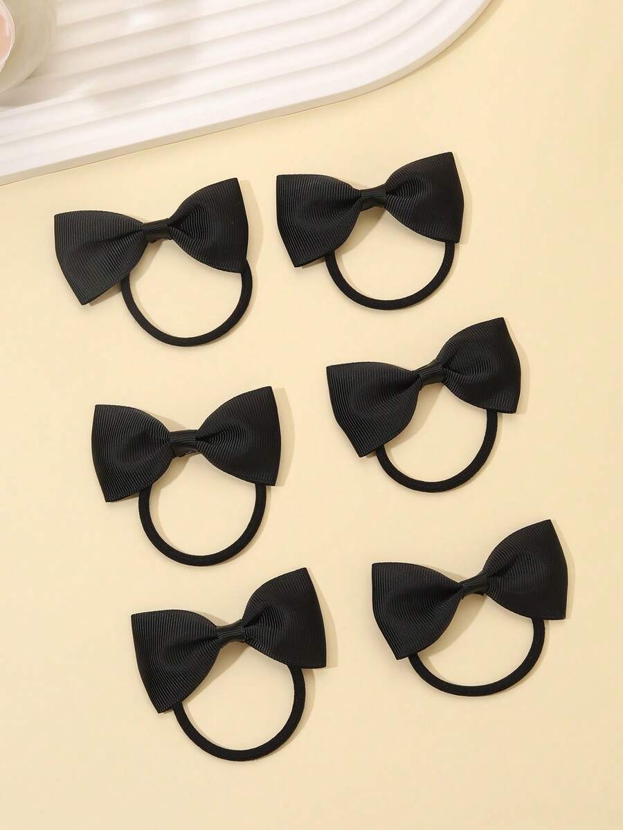 6pcs/Pack Twins Bow Elastic Hair Ties For Girls, Teen Hair Accessories - Black - View 1