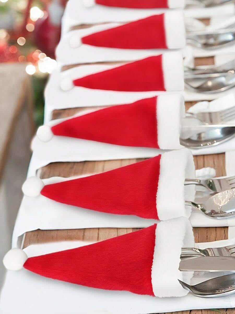 10pcs Mini Christmas Santa Cute Hats Silverware Holders - Xmas Party Dinner Table Dinnerware Decorations Supplies Flatware Decor