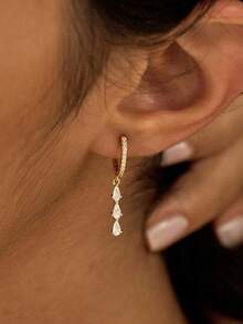 女士垂坠耳环，学院风圣诞礼物，精致金色耳环，14K金水滴耳环，低过敏长款金色耳环，小巧正式舞会耳环，防水时尚女士首饰 - 金色 - 查看 3