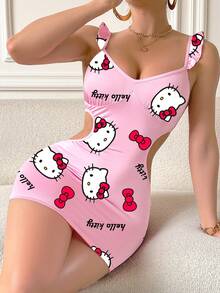Sanrio Women's Hello Kitty Print,Girl Lotus Leaf Edge Small Flying Sleeve Milk Silk,Pink Pajamas,Cute Sleep Dress,Hollow Out, Exposed Waist,Bag Hip Skirt,Babydolls,Sexy Lingerie,Sexy Lingerie Dress